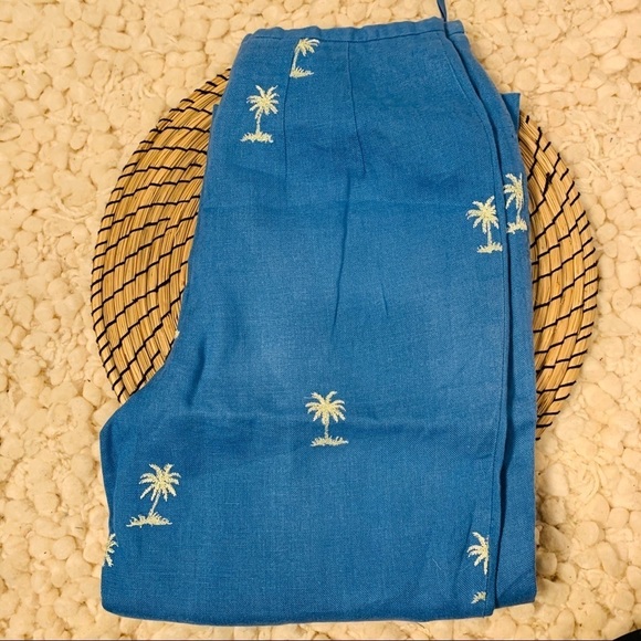 Talbots | Irish Linen Petite Blue Fully Lined Embroidered Palm Tree Pants 4 P - Picture 2 of 4